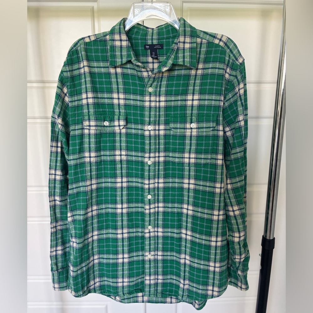 GAP Green Blue and White Plaid Men's  Large Button Down Flannel Shirt
